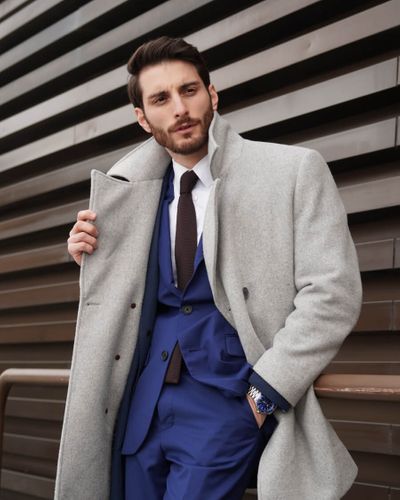 Royal Blue Suit with Heathered Overcoat